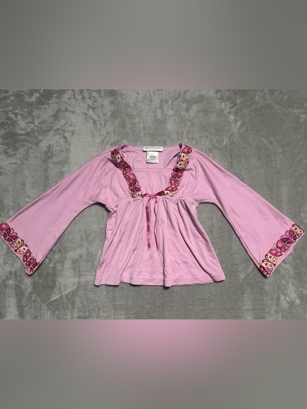 American Girl Blouse Top Girls XS Pink embroidered Bow